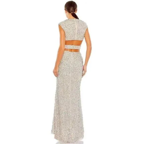 NWT MAC DUGGAL SZ 0 10919 SEQUINED CAP SLEEVE PLUNGE NECK CUT OUT GOWN NUDE - Picture 3 of 6